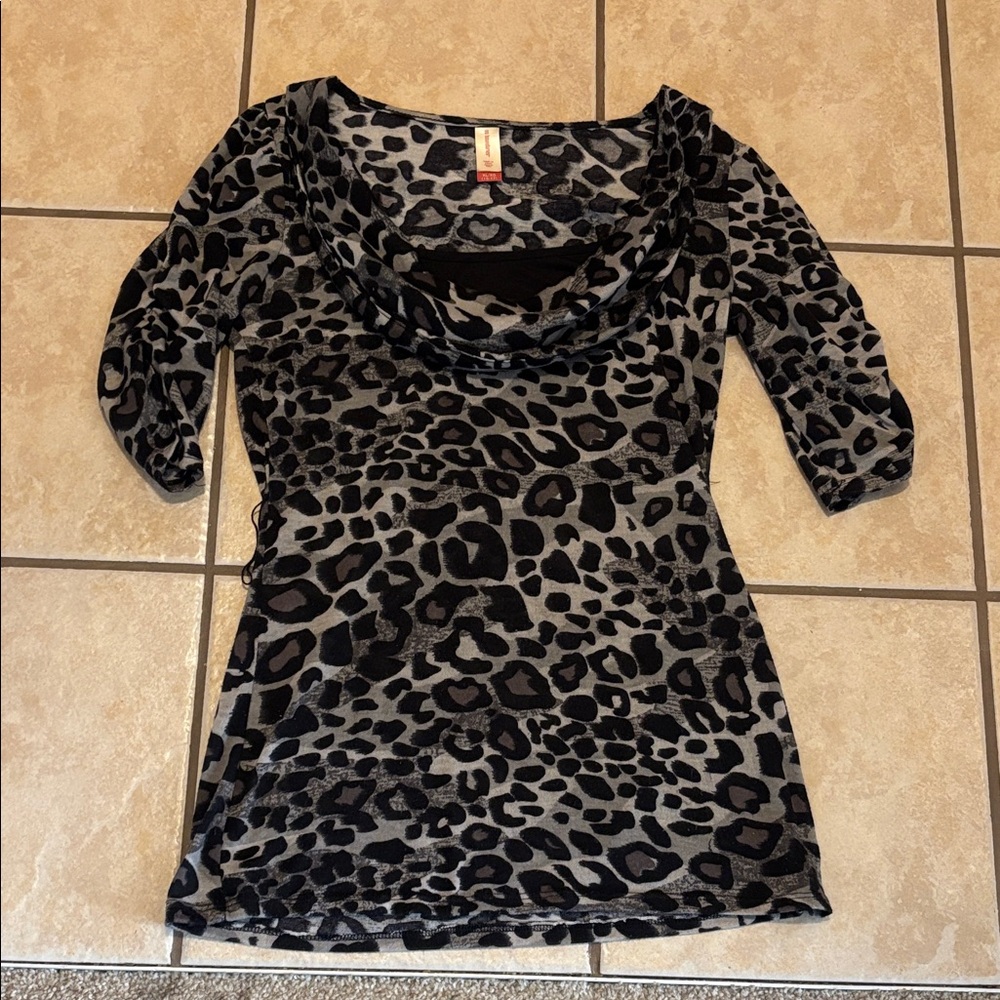 No Boundaries Black and Gray Leopard Print Cowl Neck Tunic